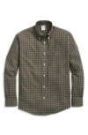 Brooks Brothers Stretch Supima Cotton Non-iron Twill Polo Button Down Collar Windowpane Shirt In Olive