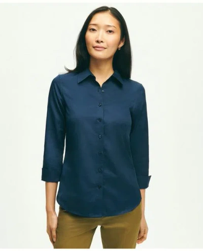 Brooks Brothers Fitted Stretch Cotton Sateen Three-quarter Sleeve Blouse | Navy | Size 4