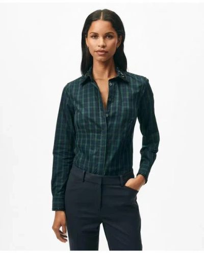 Brooks Brothers Fitted Supima Black Watch Cotton Embellished Dress Shirt In Navy/green