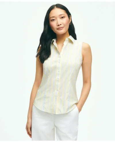 Brooks Brothers Fitted Supima Stretch Cotton Non-iron Sleeveless Stripe Shirt | Yellow | Size 12