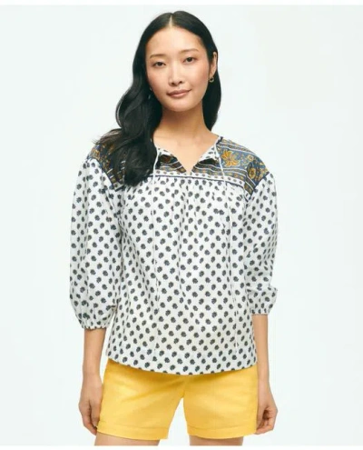 Brooks Brothers Floral Paisley Popover Peasant Blouse In Cotton In White