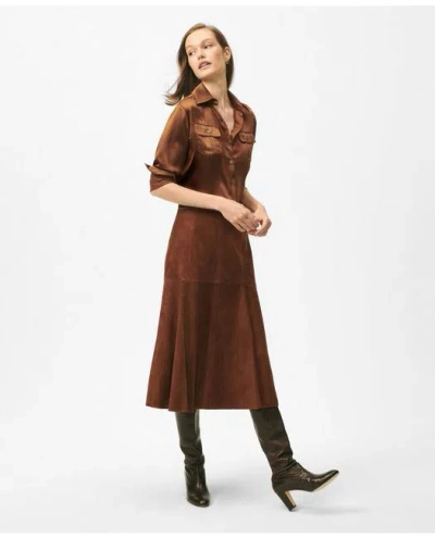 Brooks Brothers Fluted Hem Skirt In Suede In Medium Brown
