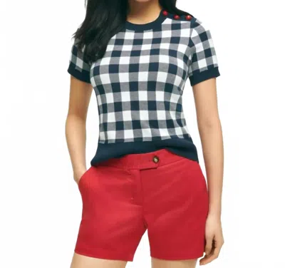 Brooks Brothers Gingham Ladybug Button-shoulder Short-sleeve Sweater In Navy In Animal Print