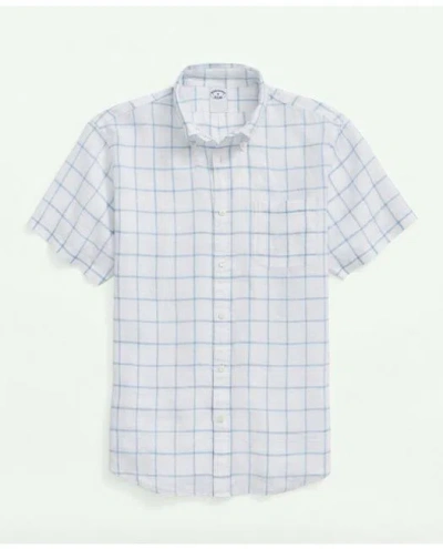 Brooks Brothers Irish Linen Short Sleeve Plaid Sport Shirt | White | Size Medium