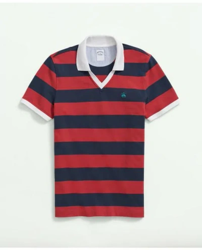 Brooks Brothers Johnny Collar Rugby Stripe Polo Shirt In Supima Cotton | Red | Size Medium