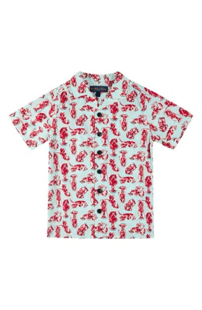 Brooks Brothers Kids' Lobster Print Short Sleeve Button-up Shirt In Aqua Green
