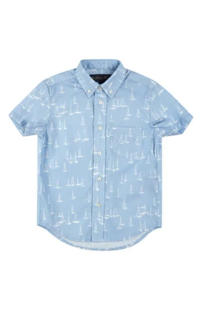 Brooks Brothers Kids' Sailboat Print Short Sleeve Cotton Button-down Shirt In Light Blue