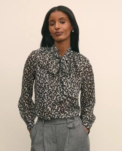 Brooks Brothers Leaf-print Jacquard Bow-neck Blouse In Black