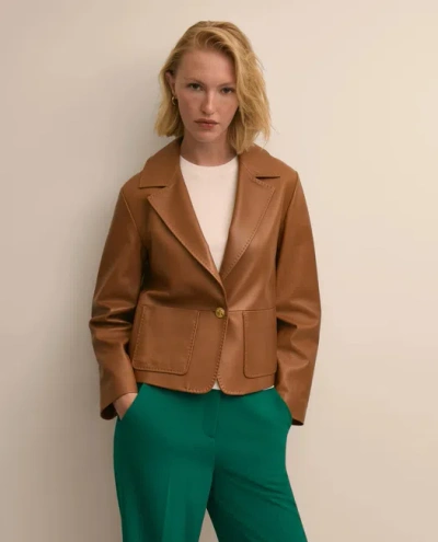 Brooks Brothers Leather Cropped Tailored Jacket In Cognac