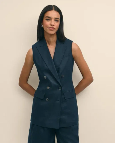Brooks Brothers Linen Double-breasted Peak Lapel Vest In Blue
