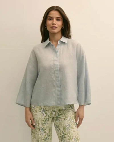Brooks Brothers Linen Relaxed Bell-sleeve Cropped Shirt In Blue