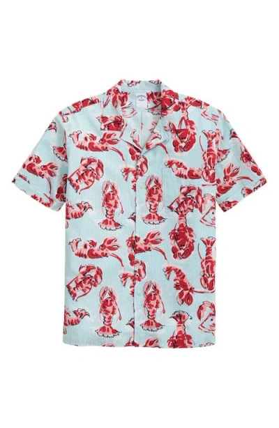 Brooks Brothers Lobster Print Stripe Cotton Seersucker Camp Shirt In Red/aqua