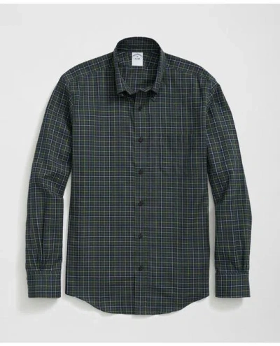 Brooks Brothers Luxe Cotton Twill Polo Button Down Collar, Windowpane Shirt In Black