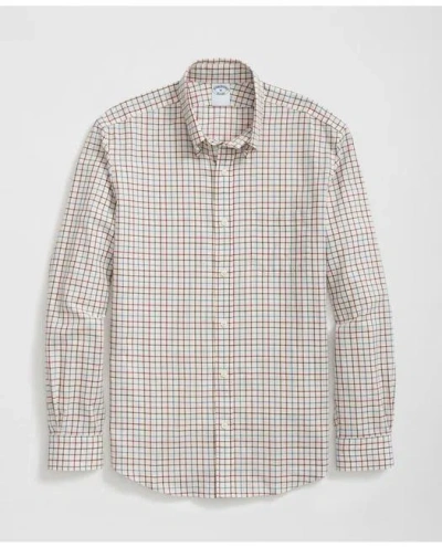 Brooks Brothers Luxe Cotton Twill Polo Button Down Collar, Windowpane Shirt In Ivory