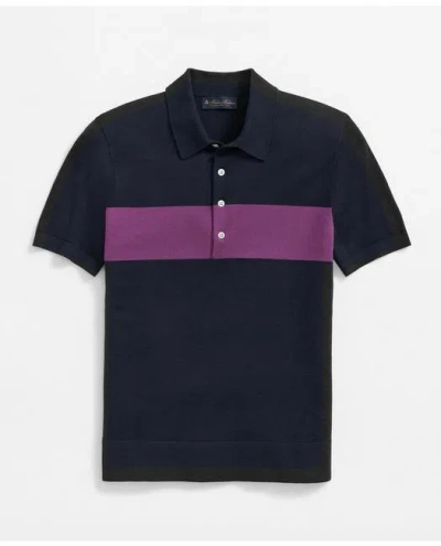 Brooks Brothers Luxe Short Sleeve Polo Sweater In Striped Cotton-cashmere In Navy