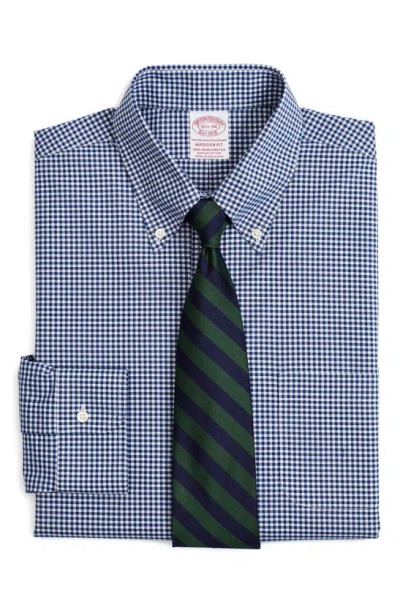 Brooks Brothers Madison Gingham Non-iron Stretch Dress Shirt In Navy