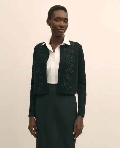 Brooks Brothers Merino-wool-cotton Blend Floral Embellished Cardigan Sweater In Black