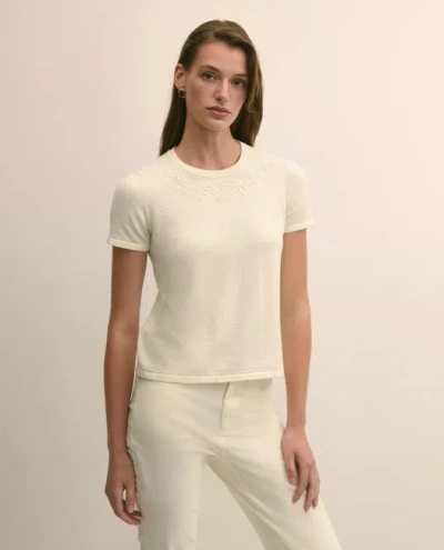 Brooks Brothers Merino-wool-cotton Blend Floral Embellished Short-sleeve Sweater Shell In Neutral