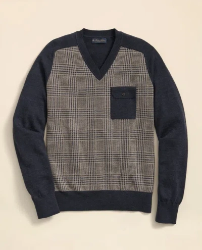 Brooks Brothers Merino Wool Glen Plaid Contrast Sweater In Blue