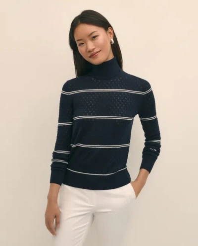 Brooks Brothers Merino Wool Striped Pointelle Turtleneck Sweater In Blue