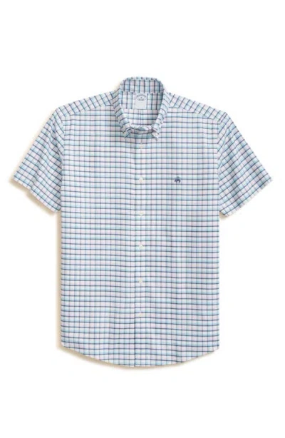 Brooks Brothers Non-iron Plaid Cotton Stretch Oxford Button-down Shirt In Pink Turquoise Grid