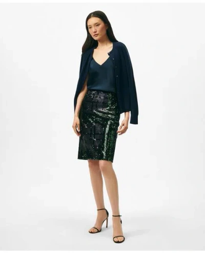 Brooks Brothers Pencil Skirt In Sequined Black Watch In Navy/green