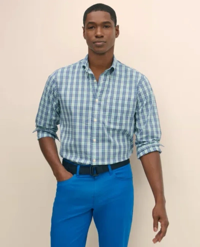 Brooks Brothers Performance Series Stretch Polo Button-down Collar, Checked Sport Shirt In Blue