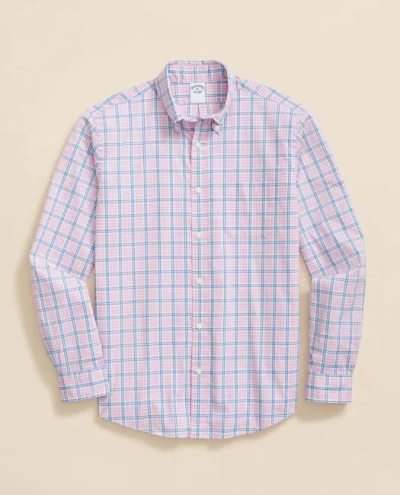 Brooks Brothers Performance Series Stretch Polo Button-down Collar, Checked Sport Shirt In Pink