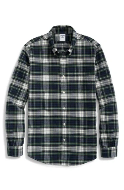 Brooks Brothers Plaid Cotton Flannel Button-down Sport Shirt In White Green Tartan