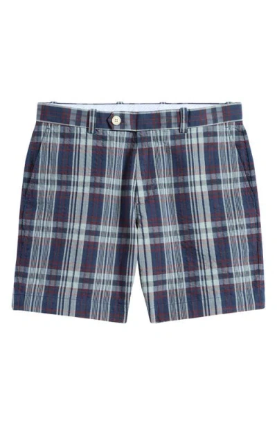 Brooks Brothers Plaid Flat Front Cotton Seersucker Shorts In Navy Madras