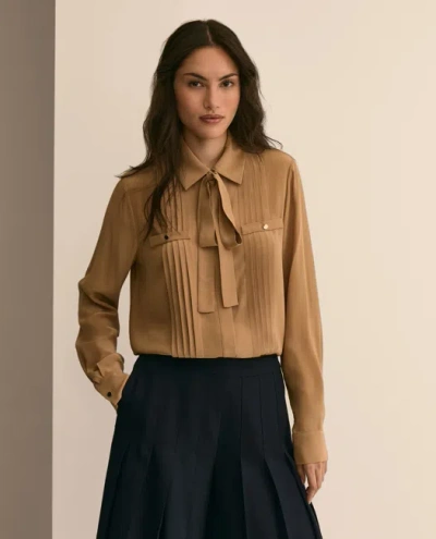 Brooks Brothers Pleated Tie-neck Blouse In Dark Beige