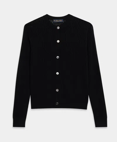 Brooks Brothers Pointelle Viscose Crewneck Cardigan In Black