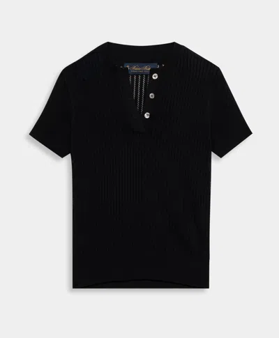 Brooks Brothers Pointelle Viscose Henley Knit Polo In Black