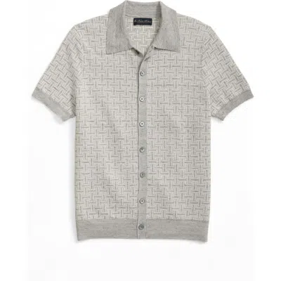 Brooks Brothers Polo Cardigan In Linen-blend Tropical Basket Pattern Shirt In Gray