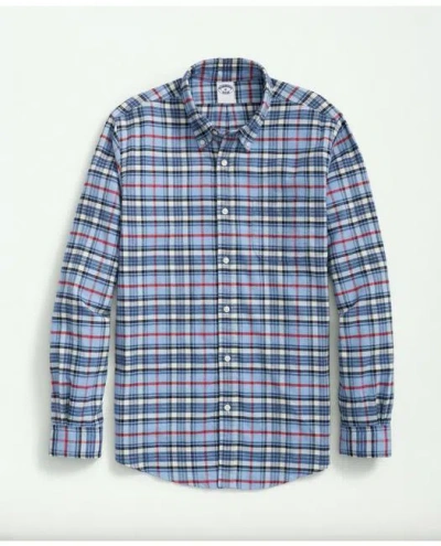 Brooks Brothers Portuguese Flannel Polo Button Down Collar, Plaid Shirt In Light Blue