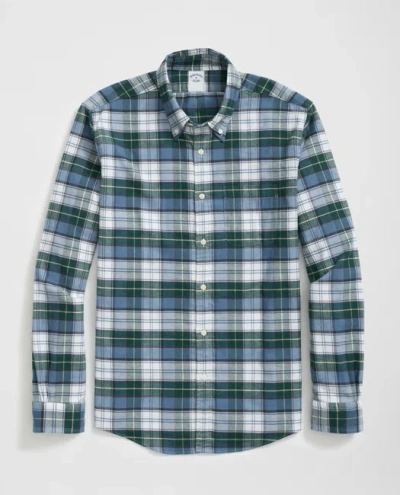 Brooks Brothers Portuguese Flannel Polo Button Down Collar, Tartan Shirt In Light Green