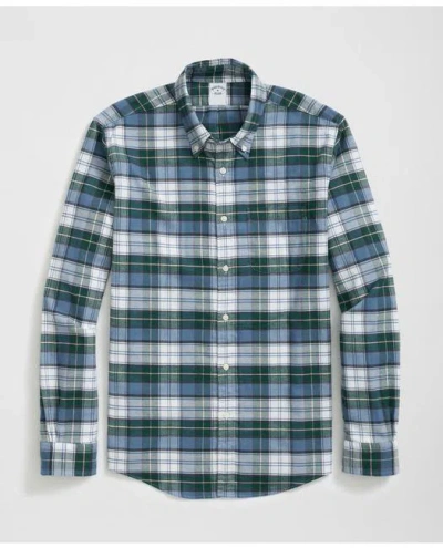 Brooks Brothers Portuguese Flannel Polo Button Down Collar, Tartan Shirt In Light Green