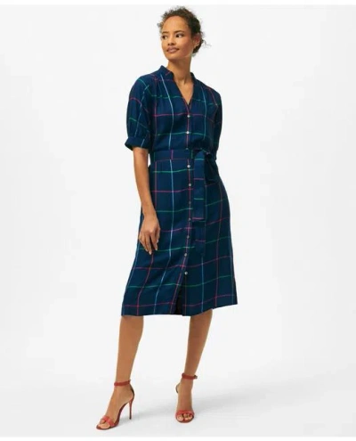 Brooks Brothers Puff Sleeve Belted Windowpane Shirt Dress In Blue