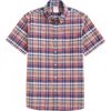 Brooks Brothers Washed Cotton Madras Short Sleeve Button-down Collar Sport Shirt In Coralmadras
