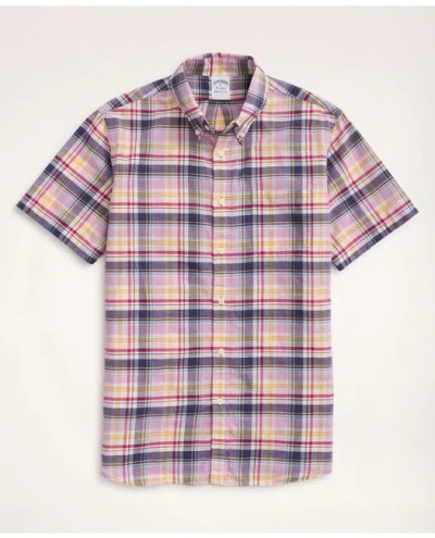 Brooks Brothers Regent Regular-fit Sport Shirt, Short-sleeve Madras In Pink