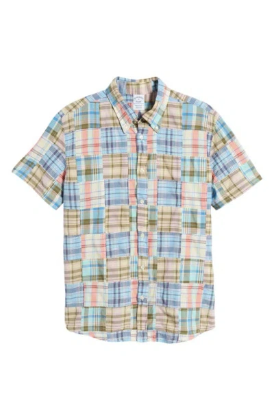 Brooks Brothers Regular Fit Plaid Patchwork Short Sleeve Cotton Madras Button-down Shirt In Pastel Multi