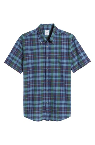 Brooks Brothers Regular Fit Plaid Short Sleeve Cotton Madras Button-down Shirt In Dark Blues