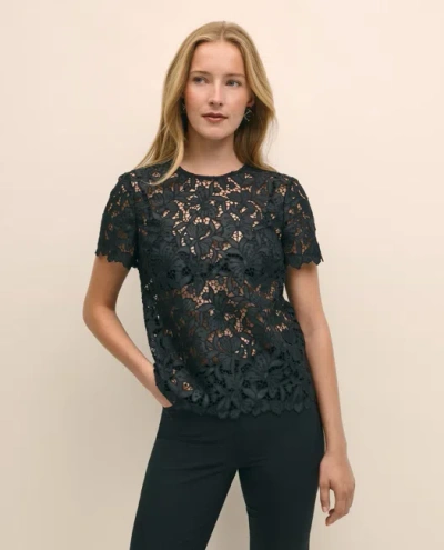 Brooks Brothers Relaxed Short-sleeve Semi-sheer Lace Top In Black