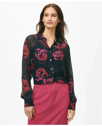 Brooks Brothers Relaxed Signature Rose Blouse In Chiffon With Removable Camisole In Navy,pink