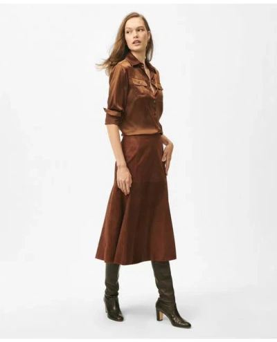 Brooks Brothers Relaxed Utility Blouse In Washable Silk In Dark Brown