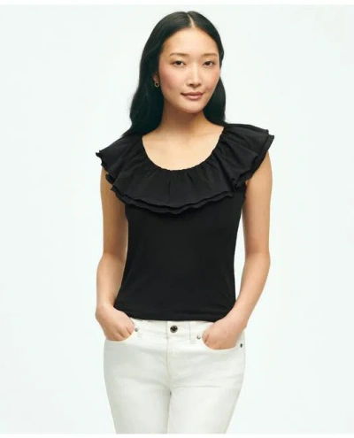 Brooks Brothers Ruffle Collar Sleeveless Top In Cotton Modal Jersey | Black | Size Xl