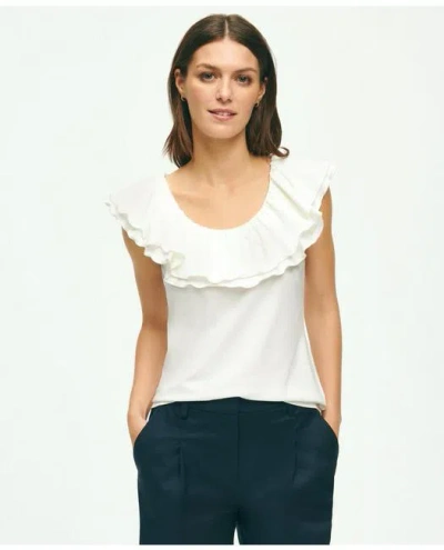 Brooks Brothers Ruffle Collar Sleeveless Top In Cotton Modal Jersey | White | Size Xs