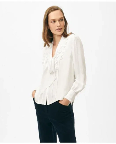 Brooks Brothers Ruffle Placket Tie-neck Blouse In Georgette Silk In White