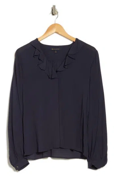 Brooks Brothers Ruffle Trim Crepe Button-up Top In Blue
