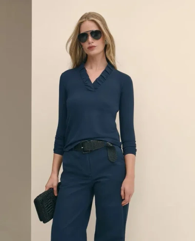 Brooks Brothers Ruffle V-neck Long-sleeve Top In Blue